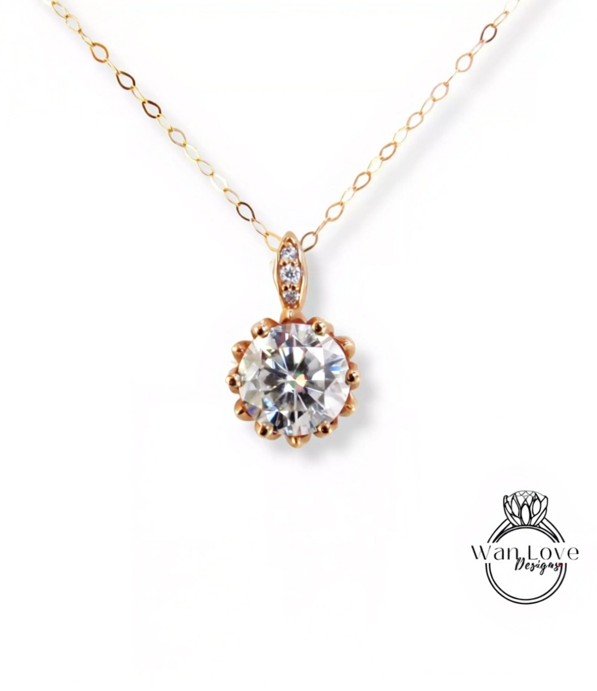 Lotus Flower Round Cut Moissanite Pendant Vintage Rose Gold Necklace Art Deco Moissanite Pendant Antique Charm Promise Wedding Necklace gift