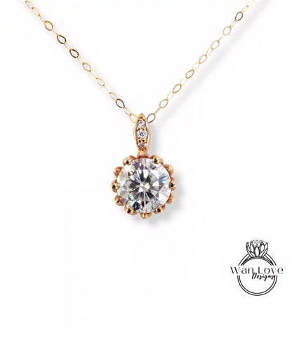 Lotus Flower Round Cut Moissanite Pendant Vintage Rose Gold Necklace Art Deco Moissanite Pendant Antique Charm Promise Wedding Necklace gift
