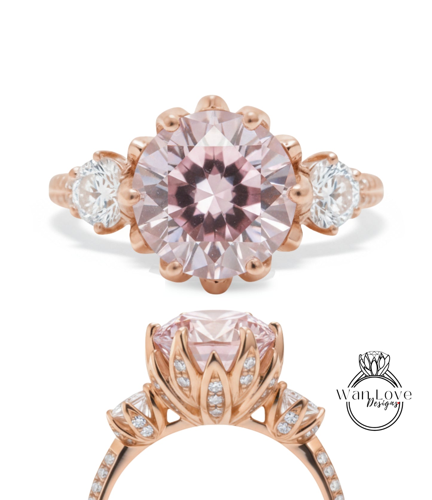 a beautiful pink gemstone engagement ring with a large central gemstone surrounded by smaller gemstones and a delicate floral design.
