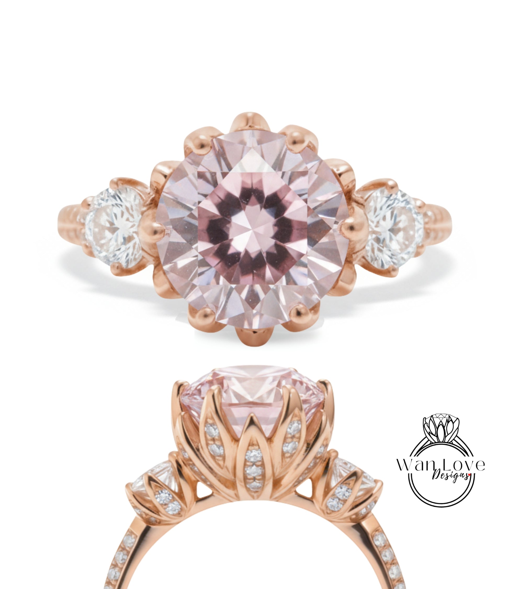 a beautiful pink gemstone engagement ring with a large central gemstone surrounded by smaller gemstones and a delicate floral design.