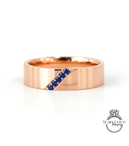 Diagonal Men's Sapphire Ring - Sapphire Ring Men - Diamonds Wedding Band - 5mm Band Moissanite - Unique Mens Band - 14k Gold - Ring For Men