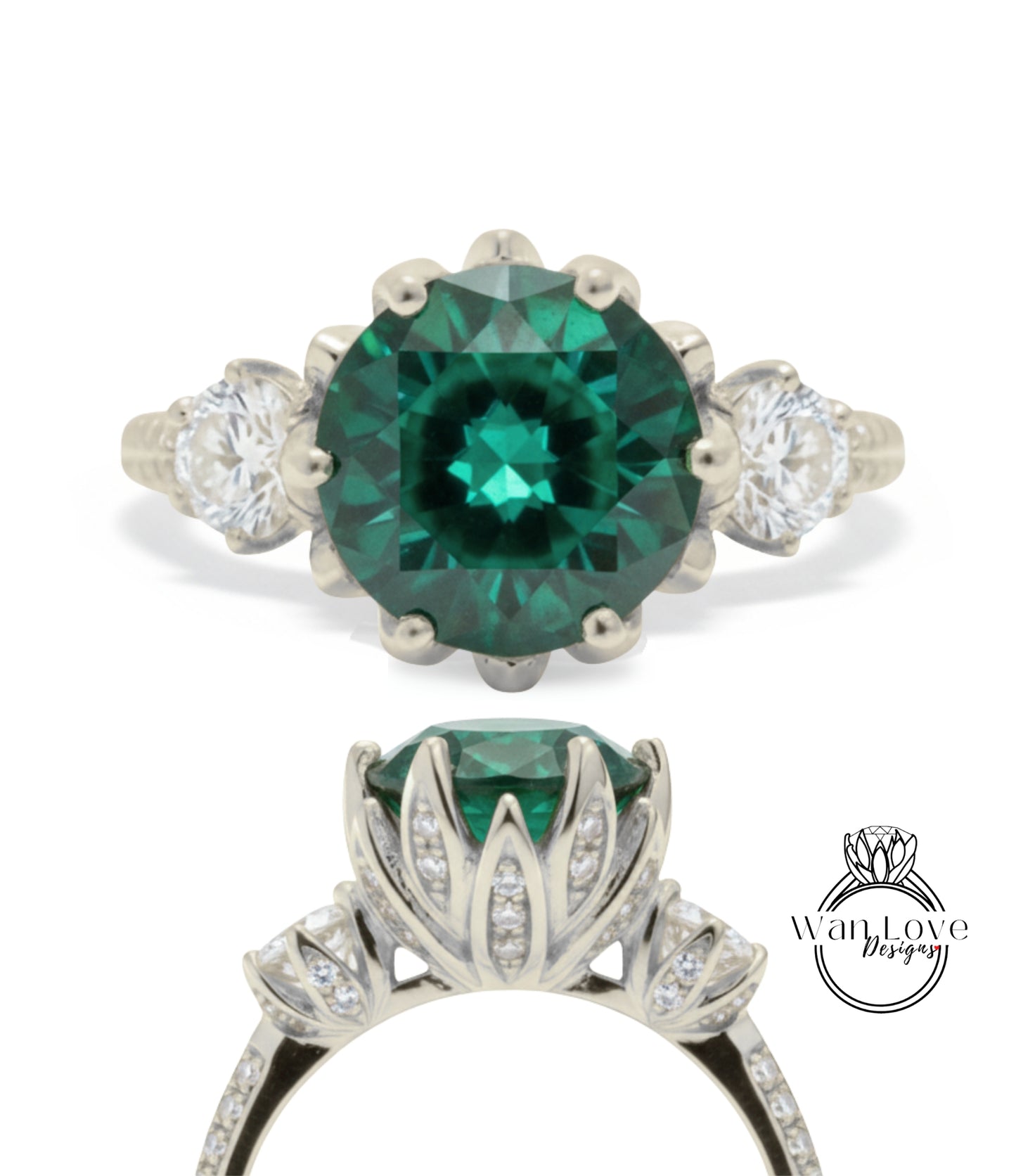 A stunning engagement ring with a large, vibrant green gemstone set in a silver band, surrounded by smaller diamonds.