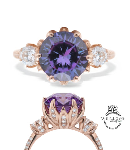 a beautiful engagement ring with a large purple gemstone set in a rose gold band. The ring is adorned with smaller diamonds and has a delicate floral design around the gemstone.