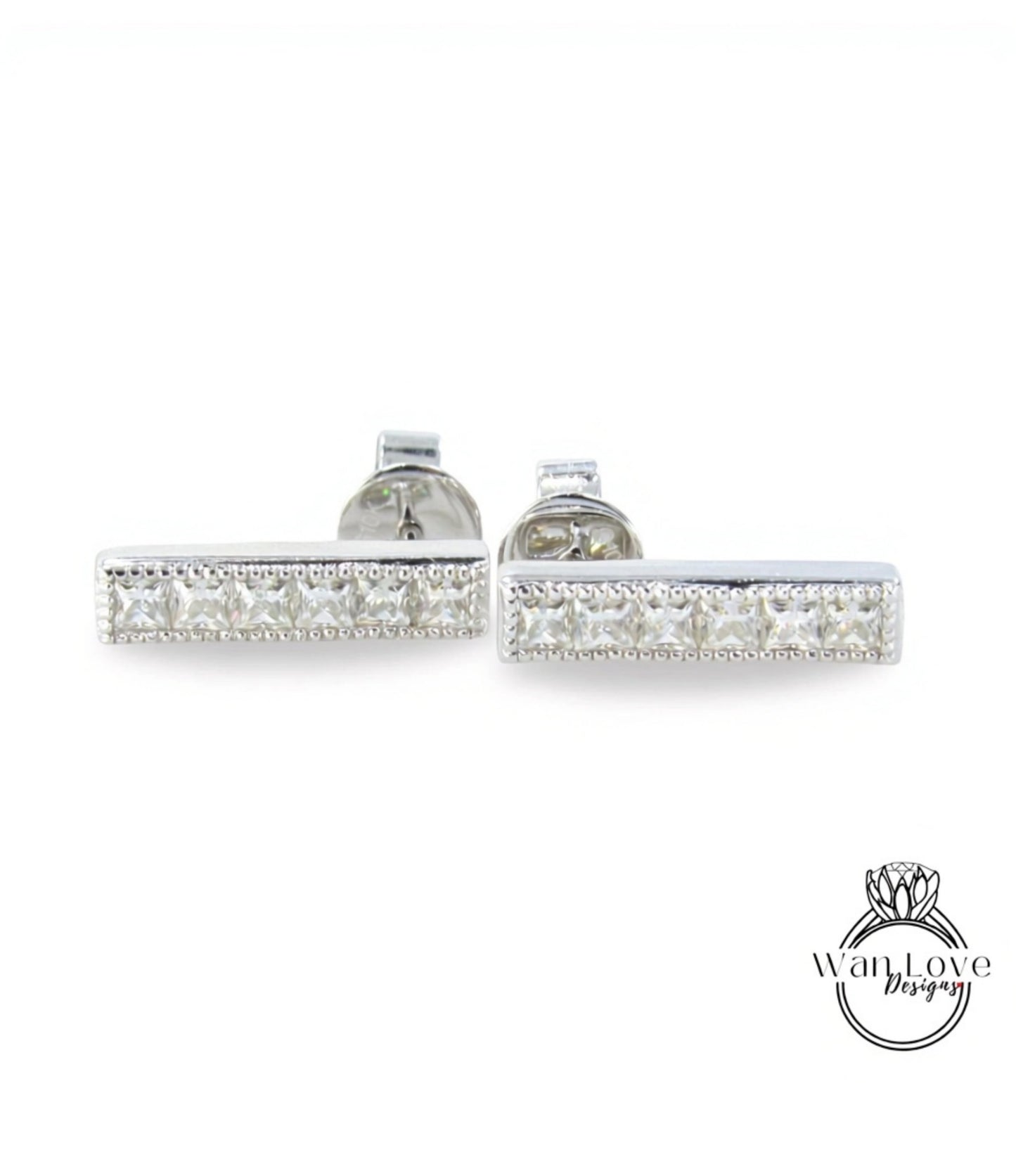 Moissanite Milgrain Bar Earrings Studs French cut moissanite earrings 6 gem stone Princess Earrings White Gold Wedding jewelry Ready to Ship Wan Love Designs