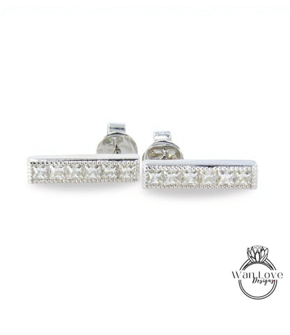 Moissanite Milgrain Bar Earrings Studs French cut moissanite earrings 6 gem stone Princess Earrings White Gold Wedding jewelry Ready to Ship Wan Love Designs