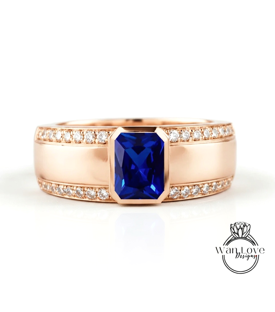 Emerald cut Sapphire and Diamond Men Ring in 14k White Gold | Blue Sapphire Ring | Mans Wedding Ring | Gifts For Him | Birthstone Mens Ring