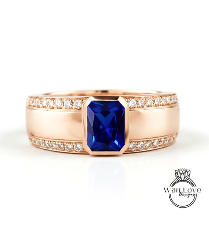 Emerald cut Sapphire and Diamond Men Ring in 14k White Gold | Blue Sapphire Ring | Mans Wedding Ring | Gifts For Him | Birthstone Mens Ring