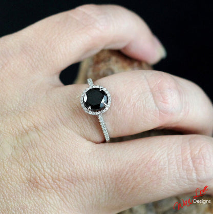 Black Spinel engaement ring round cut diamond halo ring prong set ring unique art deco Vintage ring annivesary promise ring -Ready to ship