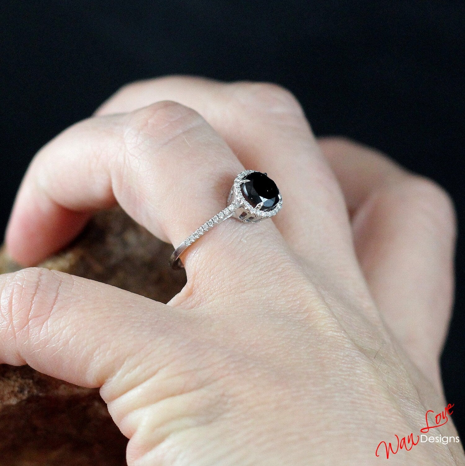 Black Spinel engaement ring round cut diamond halo ring prong set ring unique art deco Vintage ring annivesary promise ring -Ready to ship