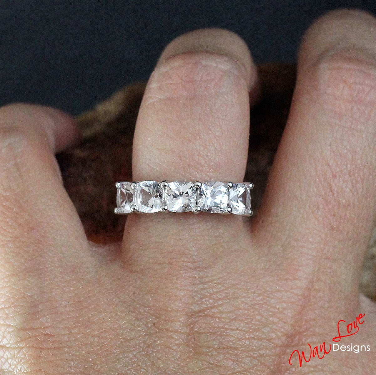 Vintage White Sapphire wedding band Cushion cut sapphire Art deco Unique prong ring half eternity bridal ring Anniversary promise ring