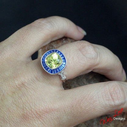 Vintage Yellow & White Sapphire Blue Spinel Engagement Ring antique Milgrain Halo Cushion Bezel Art deco ring 3ct cushion halo bridal ring