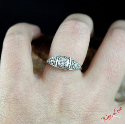 Vintage White Sapphire Engagement Ring Round Filigree Milgrain Solitaire Round ring .5ct dainty antique wedding aniversary ring gift for her