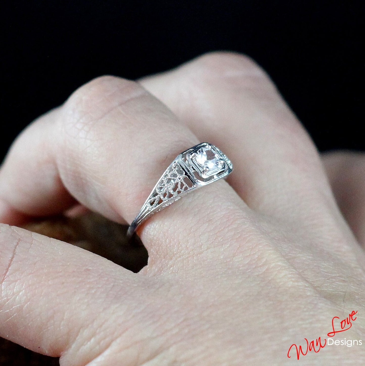 Vintage White Sapphire Engagement Ring Round Filigree Milgrain Solitaire Round ring .5ct dainty antique wedding aniversary ring gift for her