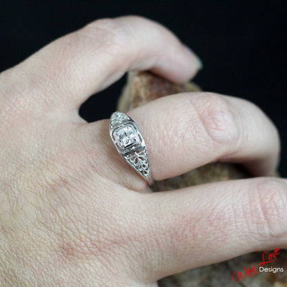 Vintage White Sapphire Engagement Ring Round Filigree Milgrain Solitaire Round ring .5ct dainty antique wedding aniversary ring gift for her