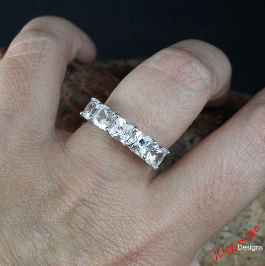 Vintage White Sapphire wedding band Cushion cut sapphire Art deco Unique prong ring half eternity bridal ring Anniversary promise ring