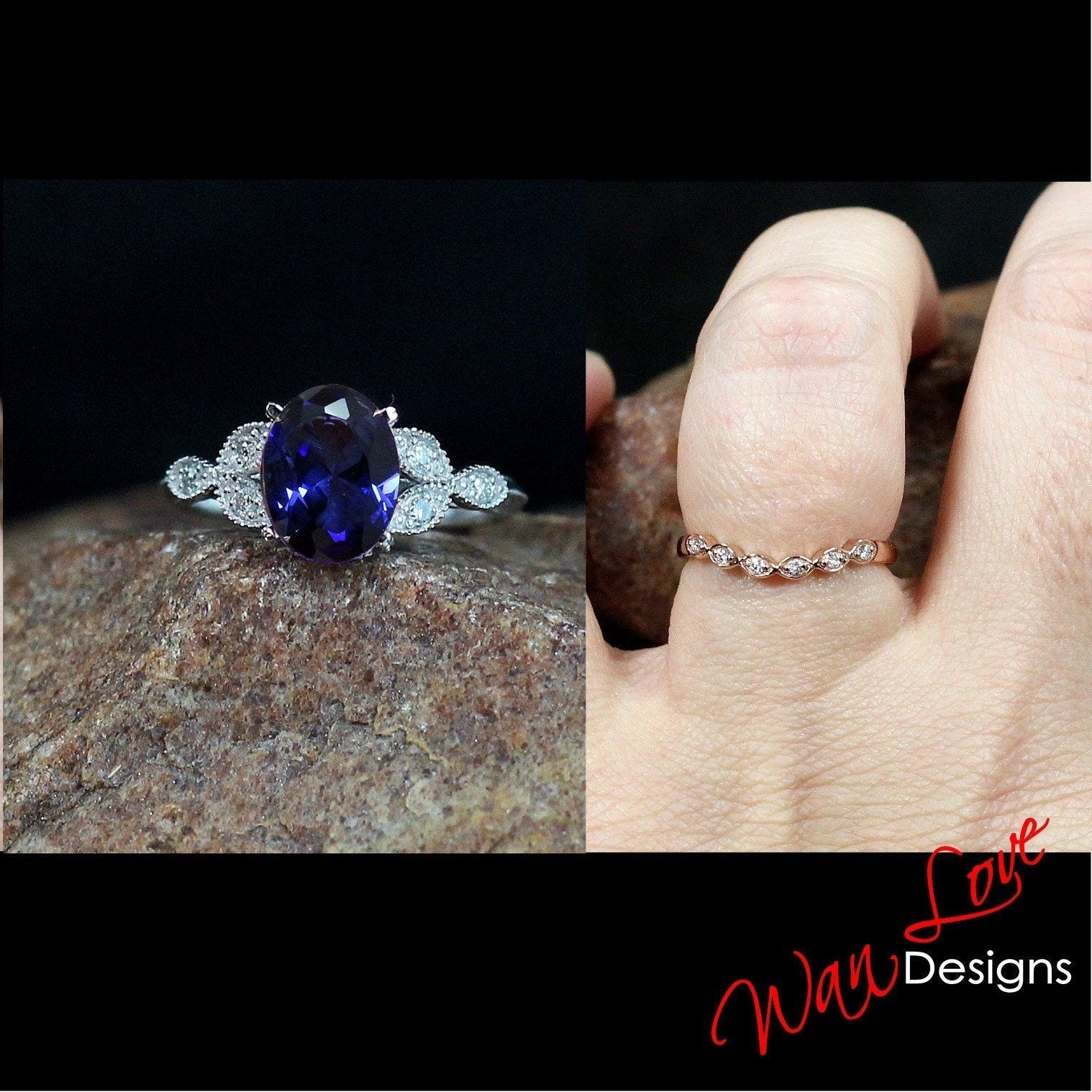 Blue Sapphire & Diamond Oval Leaf Milgrain Engraved Engagement Ring Set, Contoured Leaf Wedding Band, Custom,Wedding, Anniversary