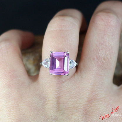 Emerald Trillion Pink White Sapphire Engagement Ring Vintage Filigree Gallery ring 8ct 3 gem stone ring Anniversary Gift Promise ring-Ready