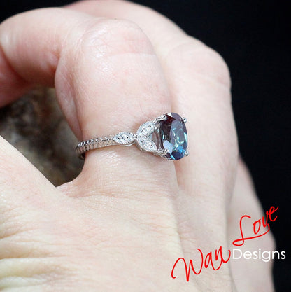 Blue Sapphire & Diamond Oval Leaf Milgrain Engraved Engagement Ring Set, Contoured Leaf Wedding Band, Custom,Wedding, Anniversary