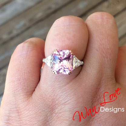 Light Pink Sapphire & Moissanite Radiant Triangle Engagement Ring-4ct 10x8mm-Custom-2 tone Rose White Gold-Wedding-Anniversary-Ready to Ship