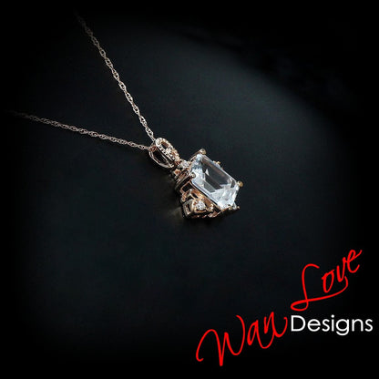 White Sapphire Emerald Antique Vintage Style Ornate Pendant Necklace 4ct 10x8mmm Custom Rose or White Gold Anniversary Gift Ready to Ship