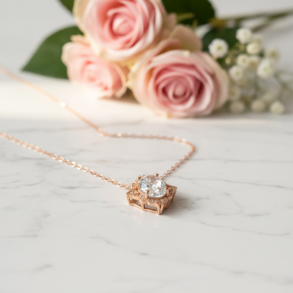 Collana con ciondolo in zaffiro bianco Art Déco. Unico alone vintage in Moissanite. Ciondolo da sposa. Regalo di gioielli per l'anniversario del giorno delle nozze floreale con taglio ovale