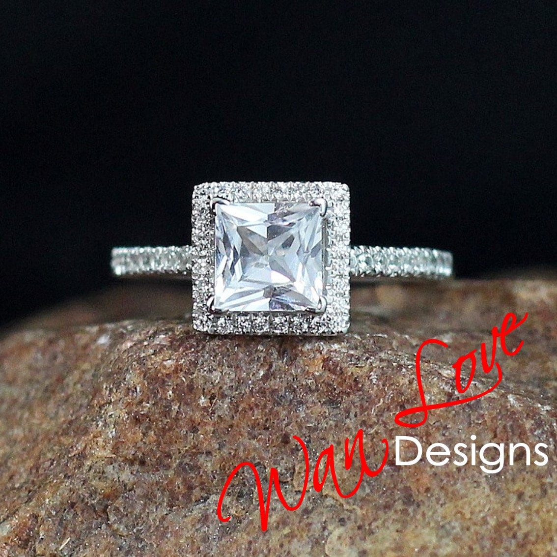 Squared Halo Princess Cut White Sapphire Ring Pave Accents, Geometric Gallery, Square Halo Ring, Bridal Promise Wedding Ring, Ready to ship