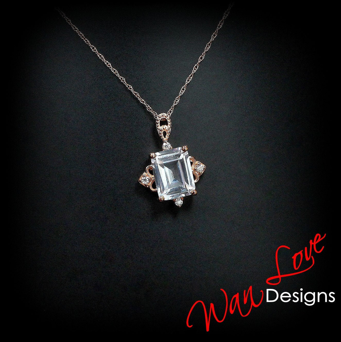 White Sapphire Emerald cut Antique pendant vintage style ornate necklace Charm Chain 4ct White or Rose Gold anniversary wedding Gift Ready