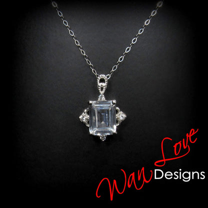 White Sapphire Emerald Antique Vintage Style Ornate Pendant Necklace 4ct 10x8mmm Custom Rose or White Gold Anniversary Gift Ready to Ship