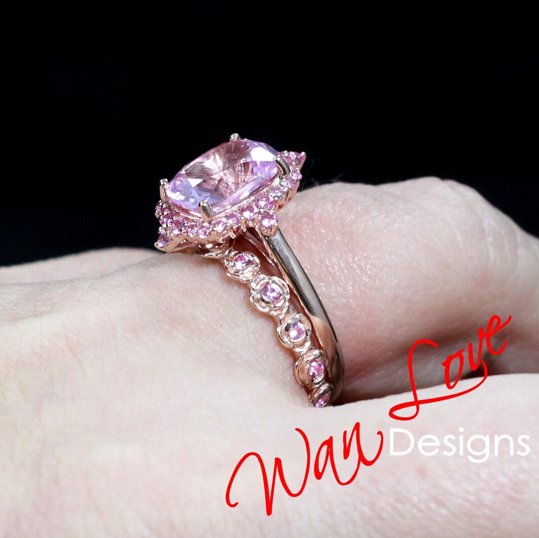 Elongated Cushion cut Light Pink Sapphire engagement ring set vintage bridal set antique cluster halo ring rose flower wedding band