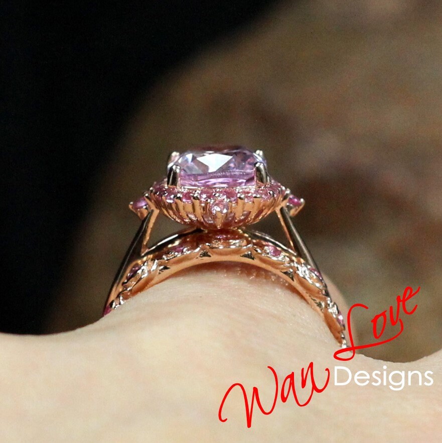 Elongated Cushion cut Light Pink Sapphire engagement ring set vintage bridal set antique cluster halo ring rose flower wedding band