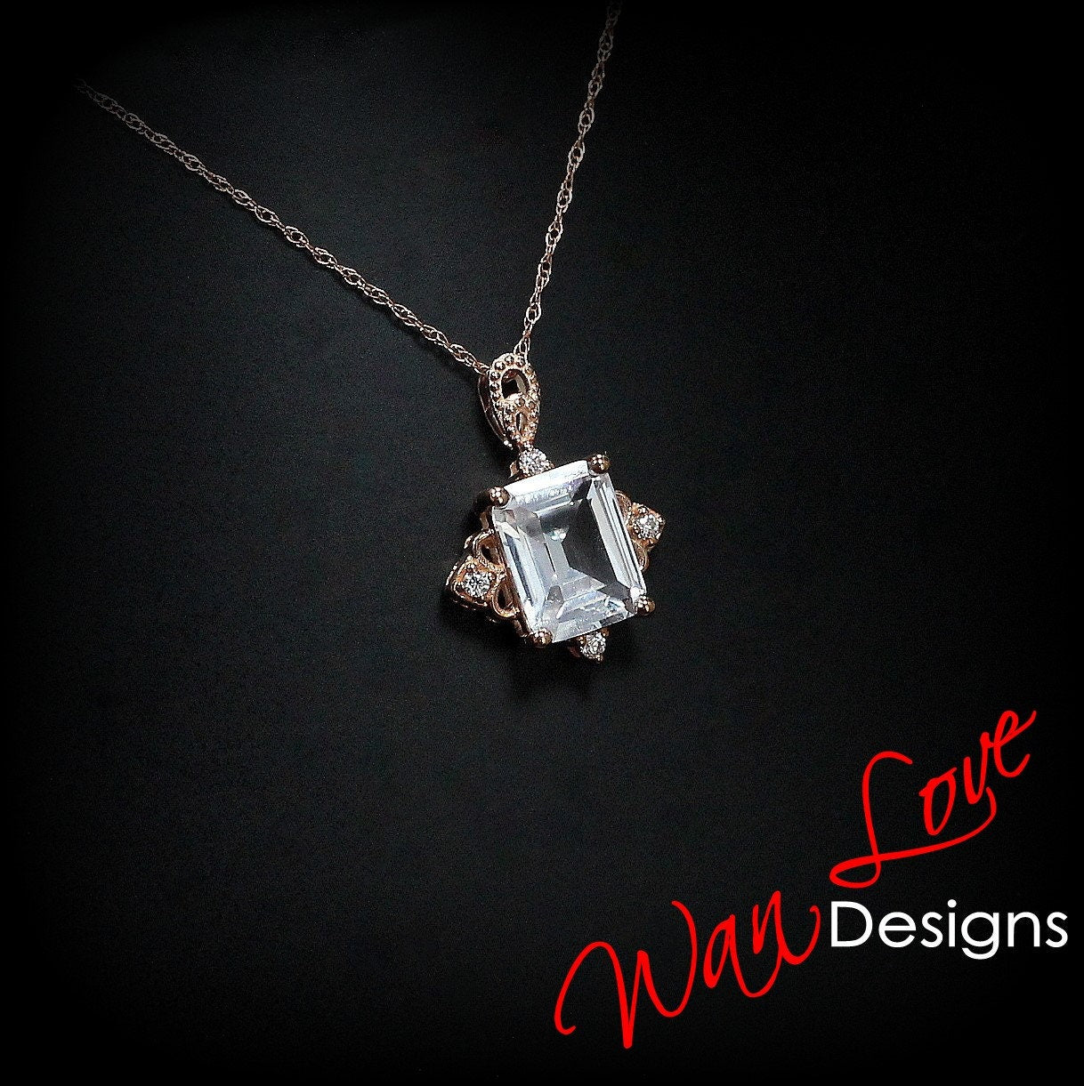 White Sapphire Emerald cut Antique pendant vintage style ornate necklace Charm Chain 4ct White or Rose Gold anniversary wedding Gift Ready