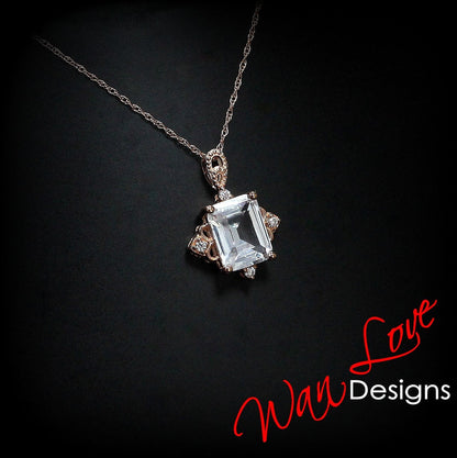 White Sapphire Emerald cut Antique pendant vintage style ornate necklace Charm Chain 4ct White or Rose Gold anniversary wedding Gift Ready