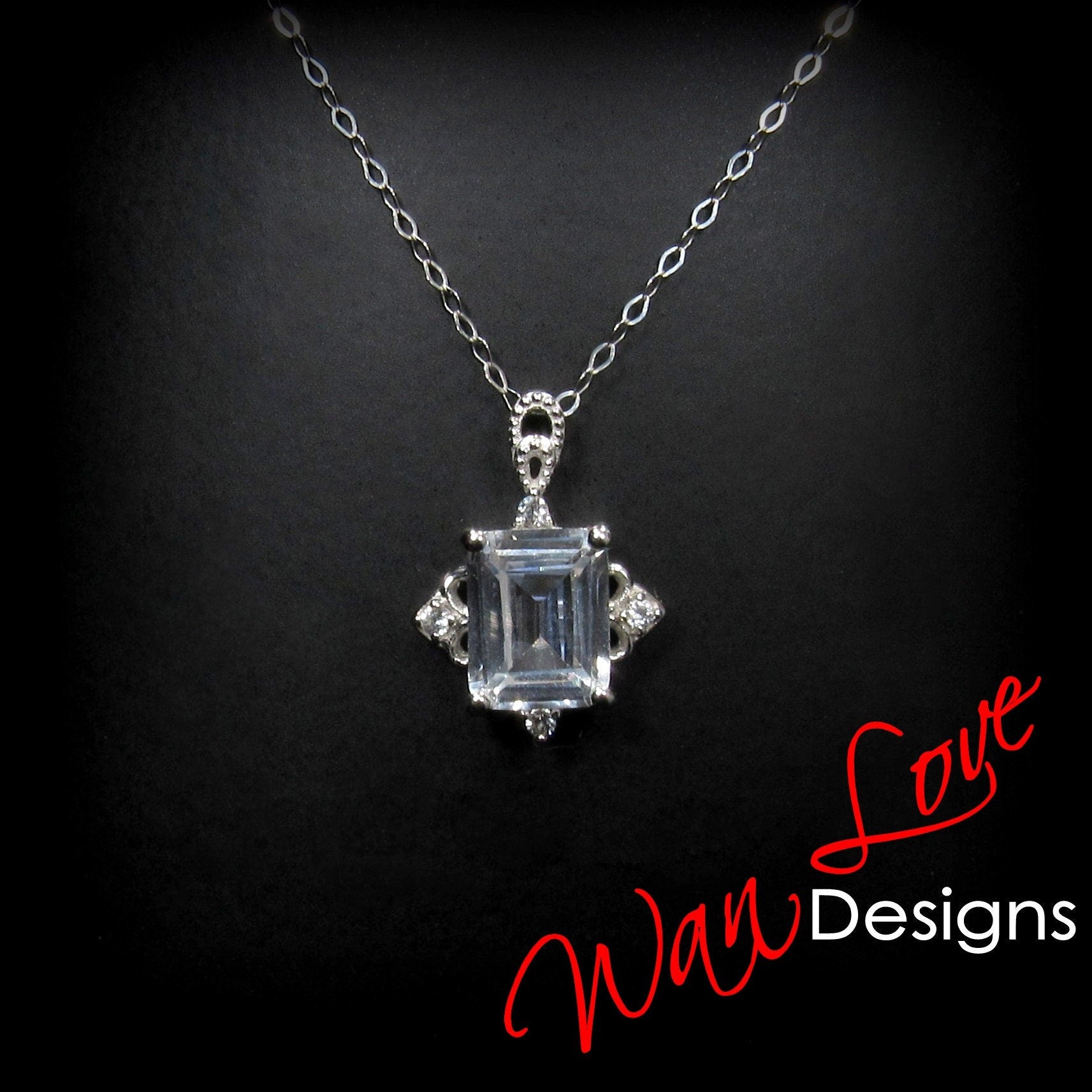 White Sapphire Emerald cut Antique pendant vintage style ornate necklace Charm Chain 4ct White or Rose Gold anniversary wedding Gift Ready