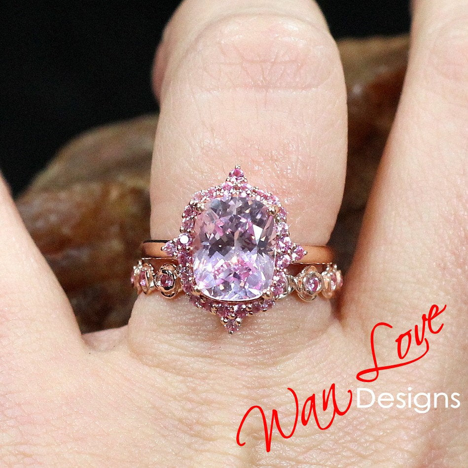 Elongated Cushion cut Light Pink Sapphire engagement ring set vintage bridal set antique cluster halo ring rose flower wedding band