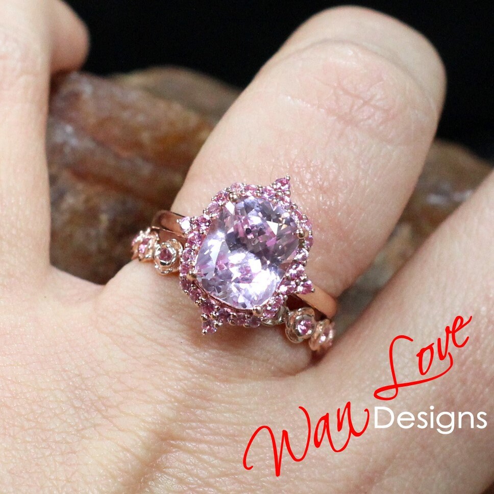 Elongated Cushion cut Light Pink Sapphire engagement ring set vintage bridal set antique cluster halo ring rose flower wedding band