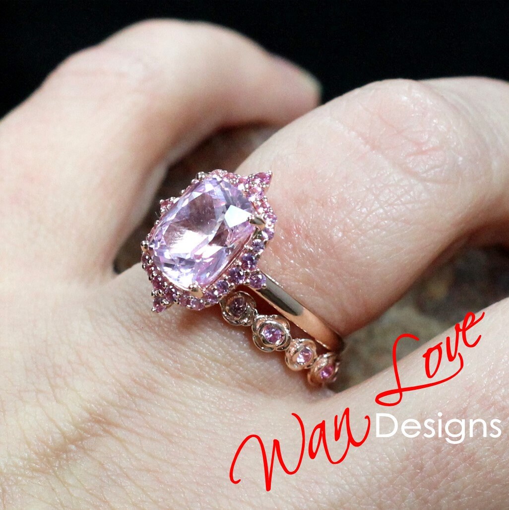 Elongated Cushion cut Light Pink Sapphire engagement ring set vintage bridal set antique cluster halo ring rose flower wedding band