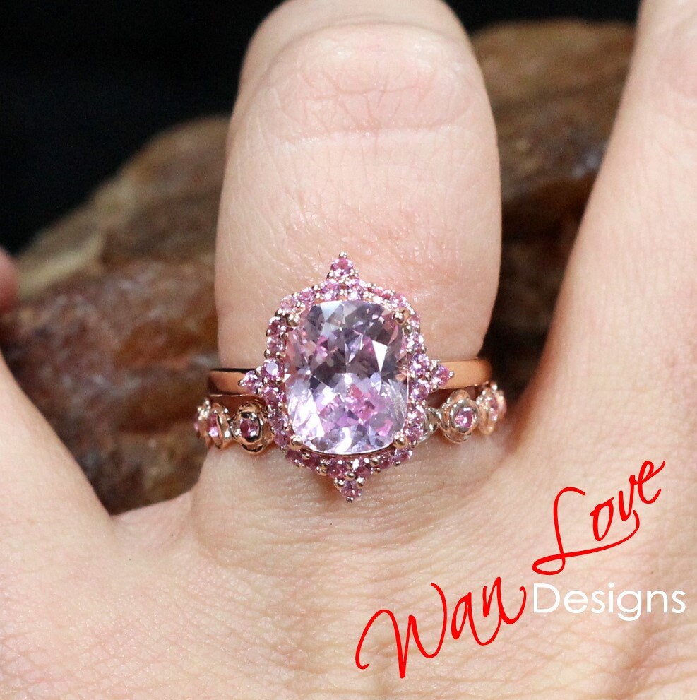 Elongated Cushion cut Light Pink Sapphire engagement ring set vintage bridal set antique cluster halo ring rose flower wedding band