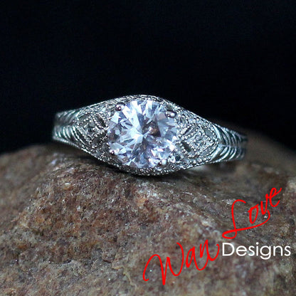 vintage white sapphire Engagement Ring Antique round filigree band ring unique engraved milgrain sapphire ring Anniversary promise ring