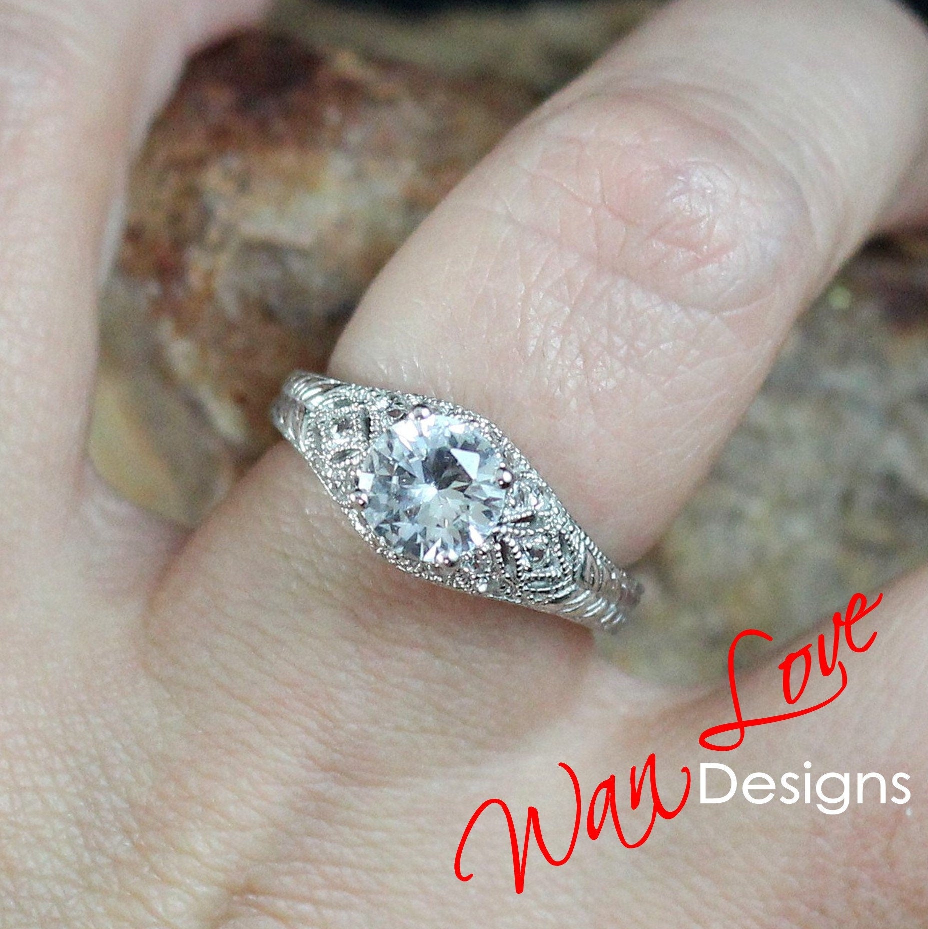 vintage white sapphire Engagement Ring Antique round filigree band ring unique engraved milgrain sapphire ring Anniversary promise ring