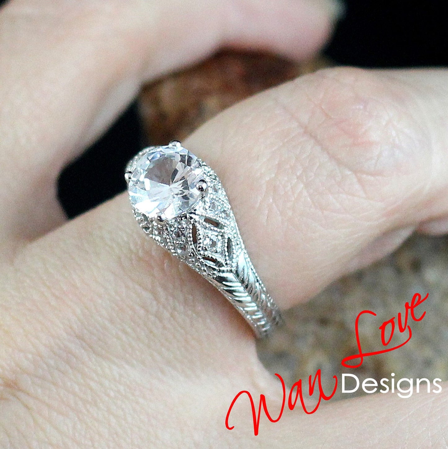 vintage white sapphire Engagement Ring Antique round filigree band ring unique engraved milgrain sapphire ring Anniversary promise ring