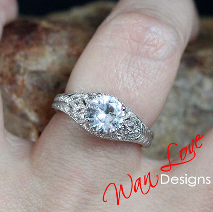 vintage white sapphire Engagement Ring Antique round filigree band ring unique engraved milgrain sapphire ring Anniversary promise ring