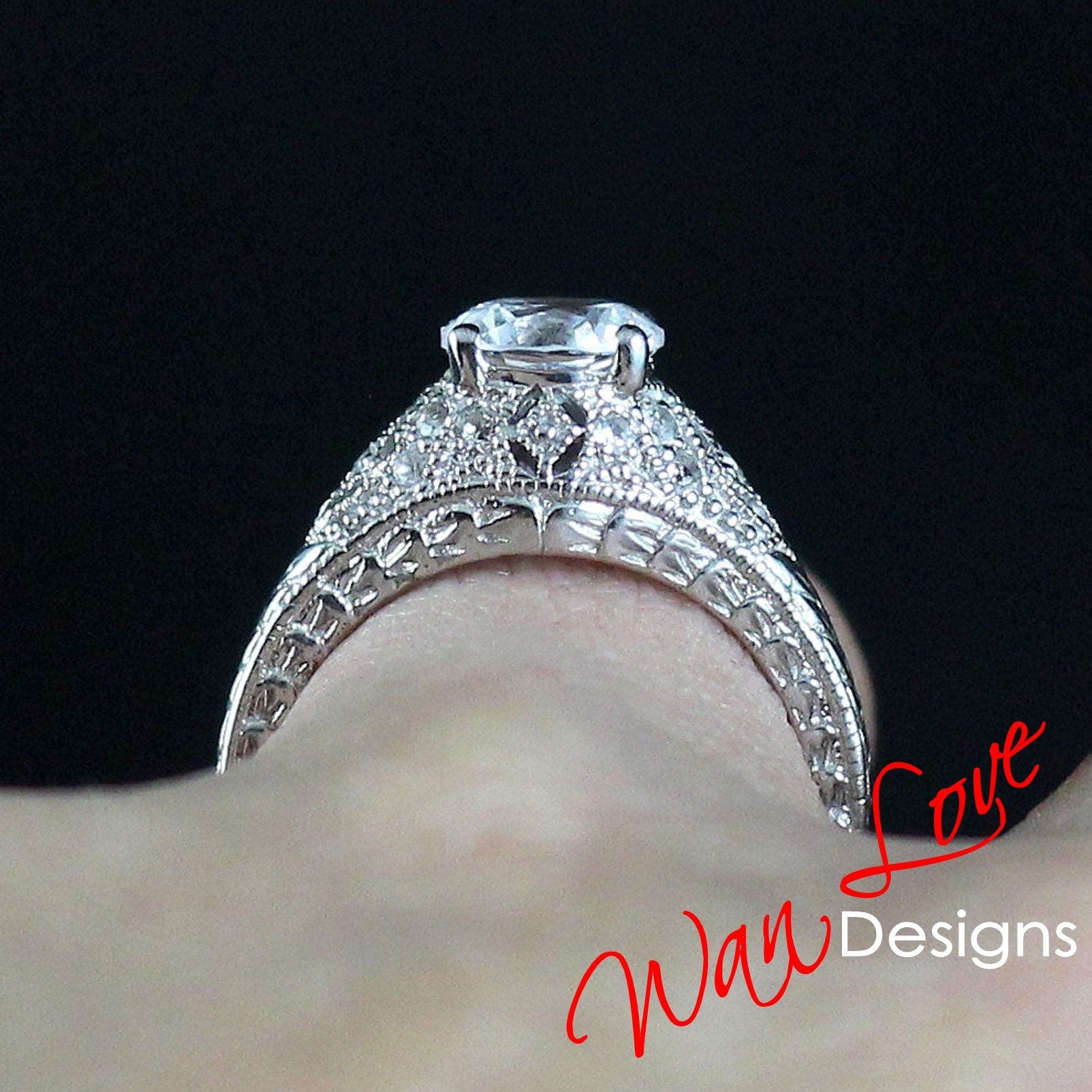 vintage white sapphire Engagement Ring Antique round filigree band ring unique engraved milgrain sapphire ring Anniversary promise ring