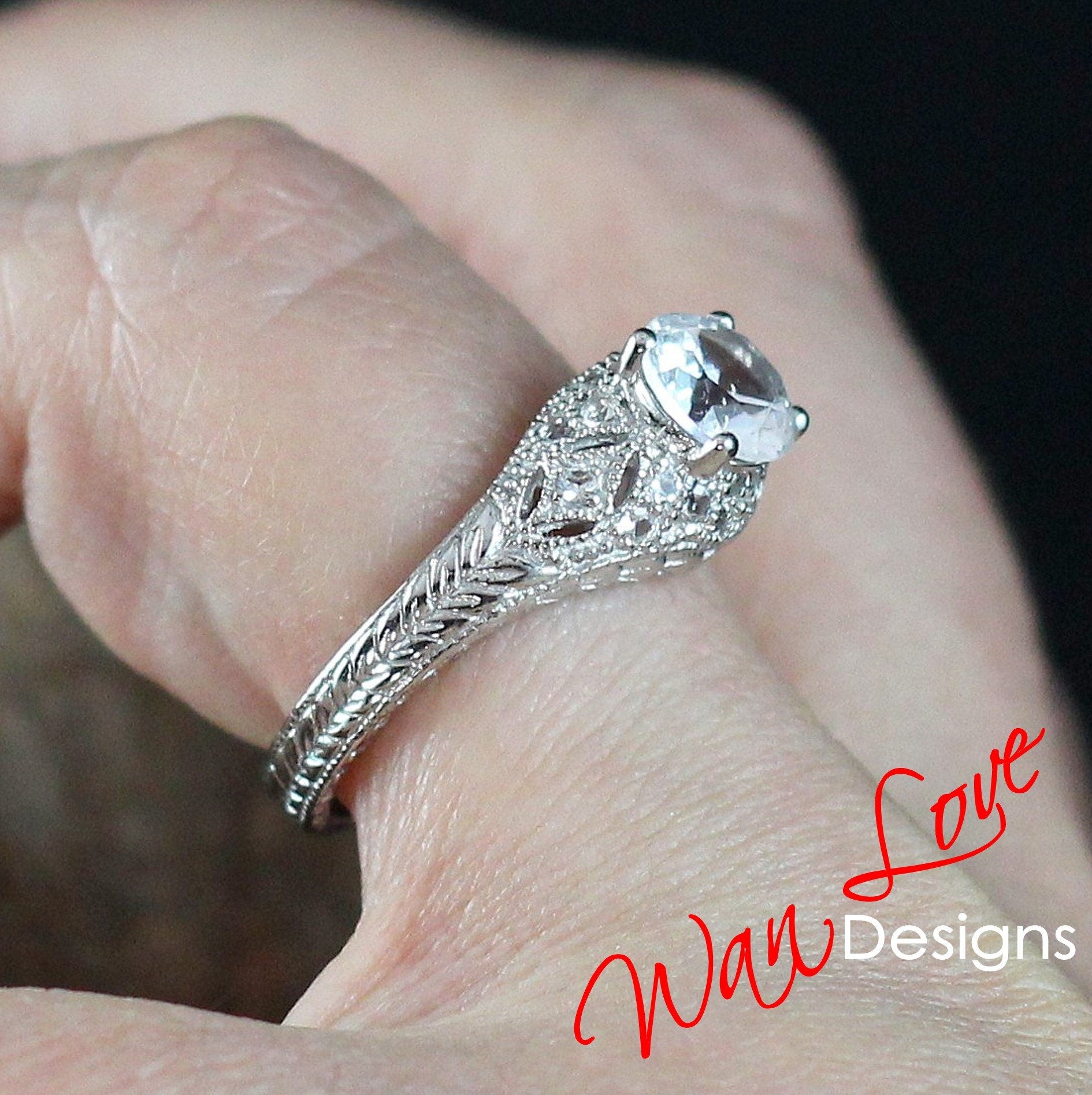 vintage white sapphire Engagement Ring Antique round filigree band ring unique engraved milgrain sapphire ring Anniversary promise ring