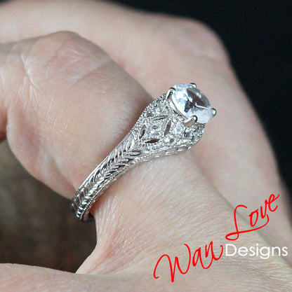 vintage white sapphire Engagement Ring Antique round filigree band ring unique engraved milgrain sapphire ring Anniversary promise ring