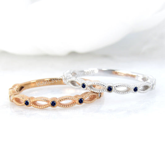 Blue Sapphire Rope Twist Stack Rings/ Thin Diamond Textured Bands/ 18K Rose Gold Bridal Rings/ Twisted Women Rings/ Minimalist Ring For Her