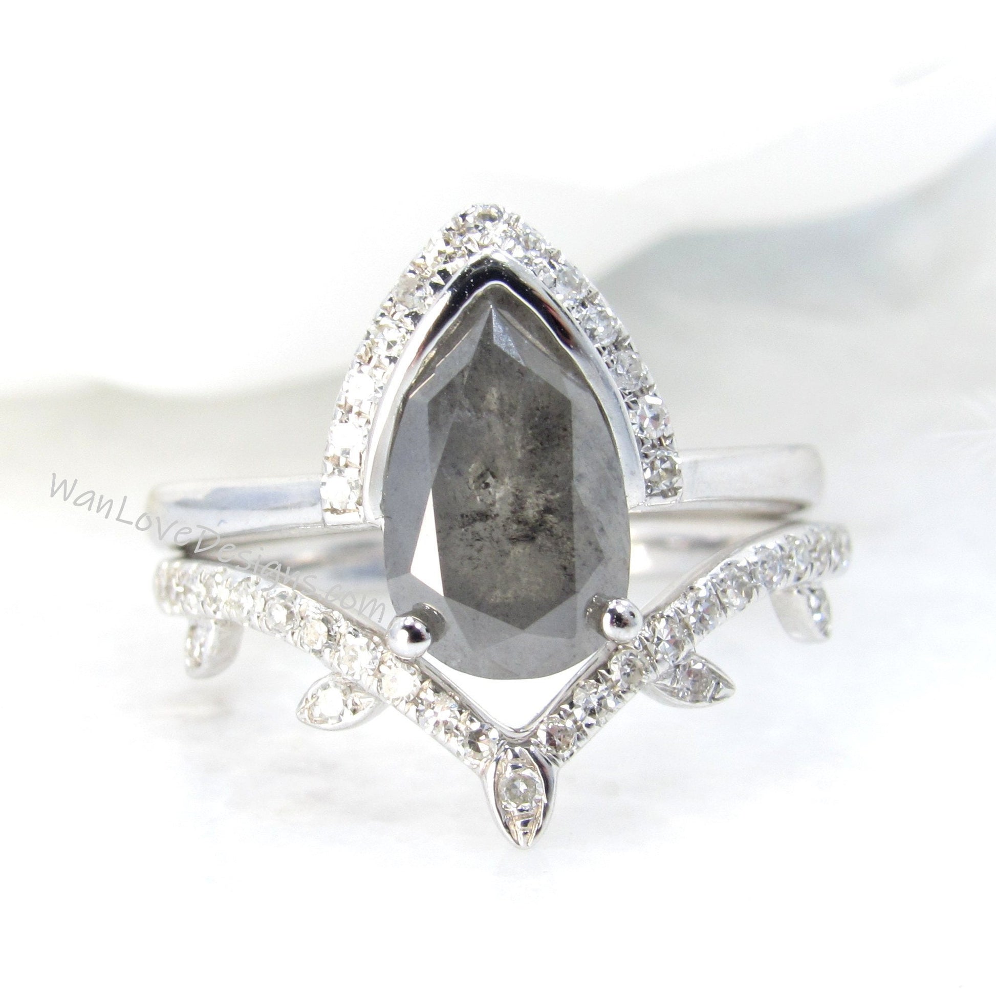 Ready to ship Vintage pear Salt & Pepper diamond engagement ring set 18k white gold Art Deco half halo bridal set Antique wedding band