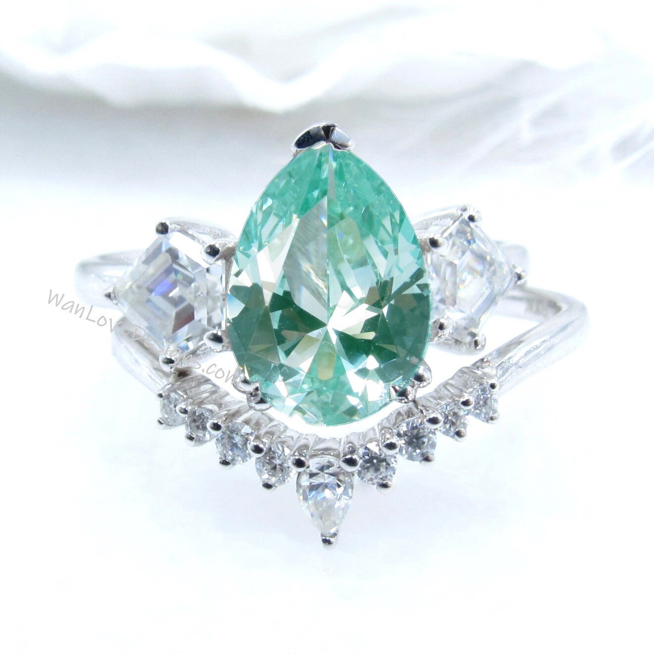 Teal Spinel cluster pear kite engagement ring, cluster ring, moissanite ring, moissanite kite ring, unique engagement ring, Anniversary Gift