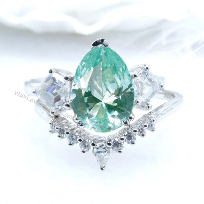 Teal Spinel cluster pear kite engagement ring, cluster ring, moissanite ring, moissanite kite ring, unique engagement ring, Anniversary Gift