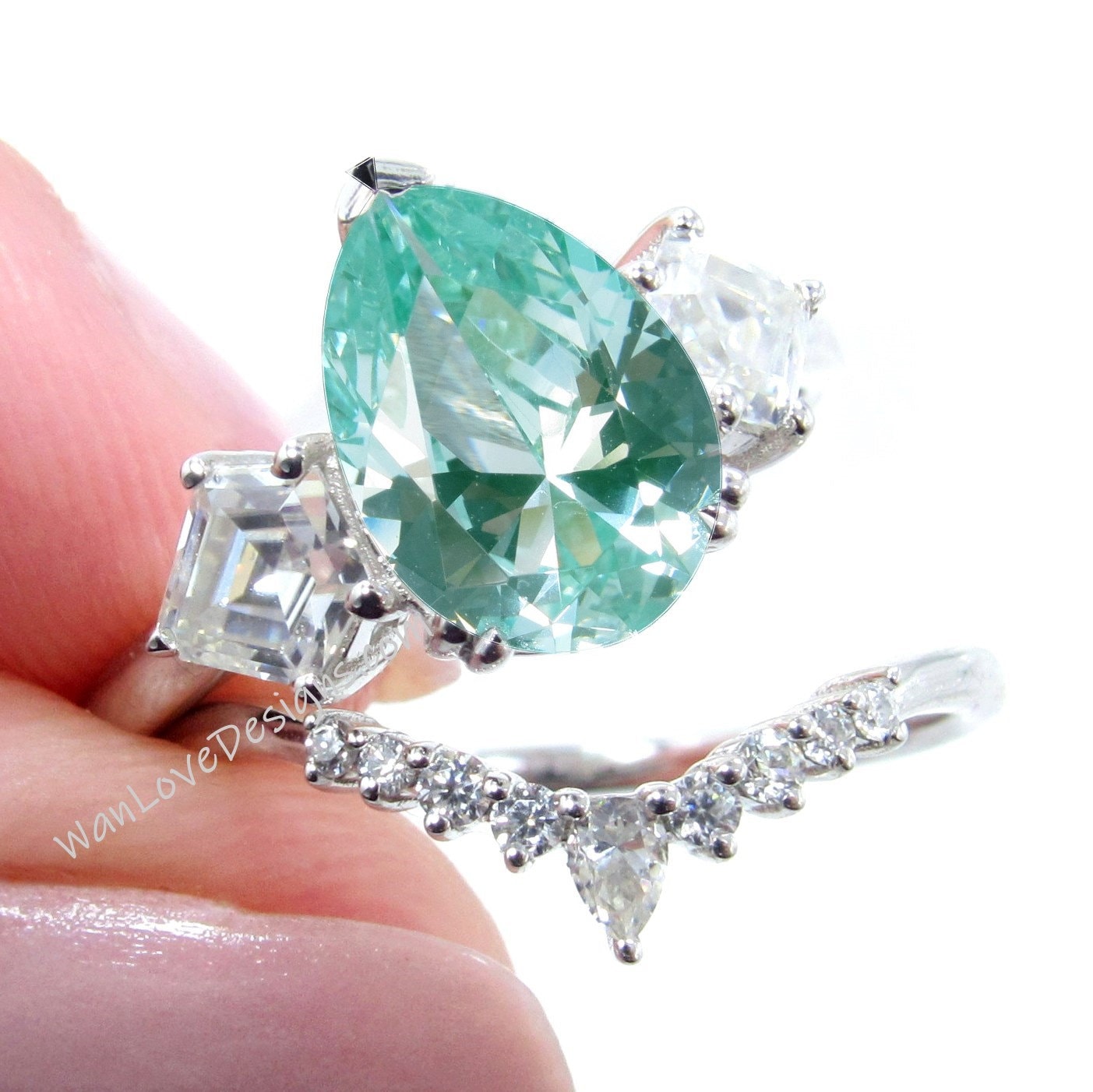 Teal Spinel cluster pear kite engagement ring, cluster ring, moissanite ring, moissanite kite ring, unique engagement ring, Anniversary Gift