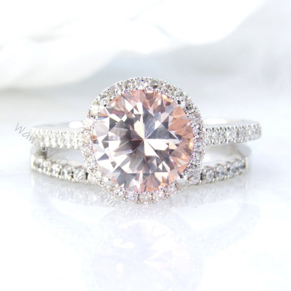 Peach Sapphire Diamond Round Halo Engagement Ring Set, Wedding band, 14k 18k White Yellow Rose Gold-Platinum-Custom-Anniversary Gift